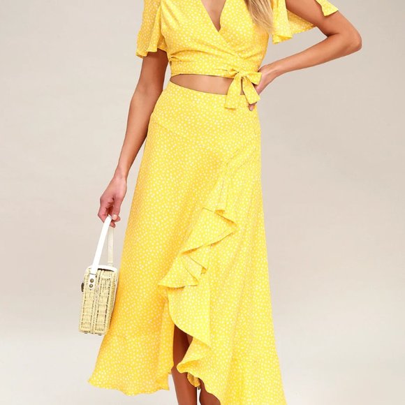 NWT Lulu's Girl Like You Yellow Polka Dot Two-Piece Maxi Dress XL - Picture 1 of 8